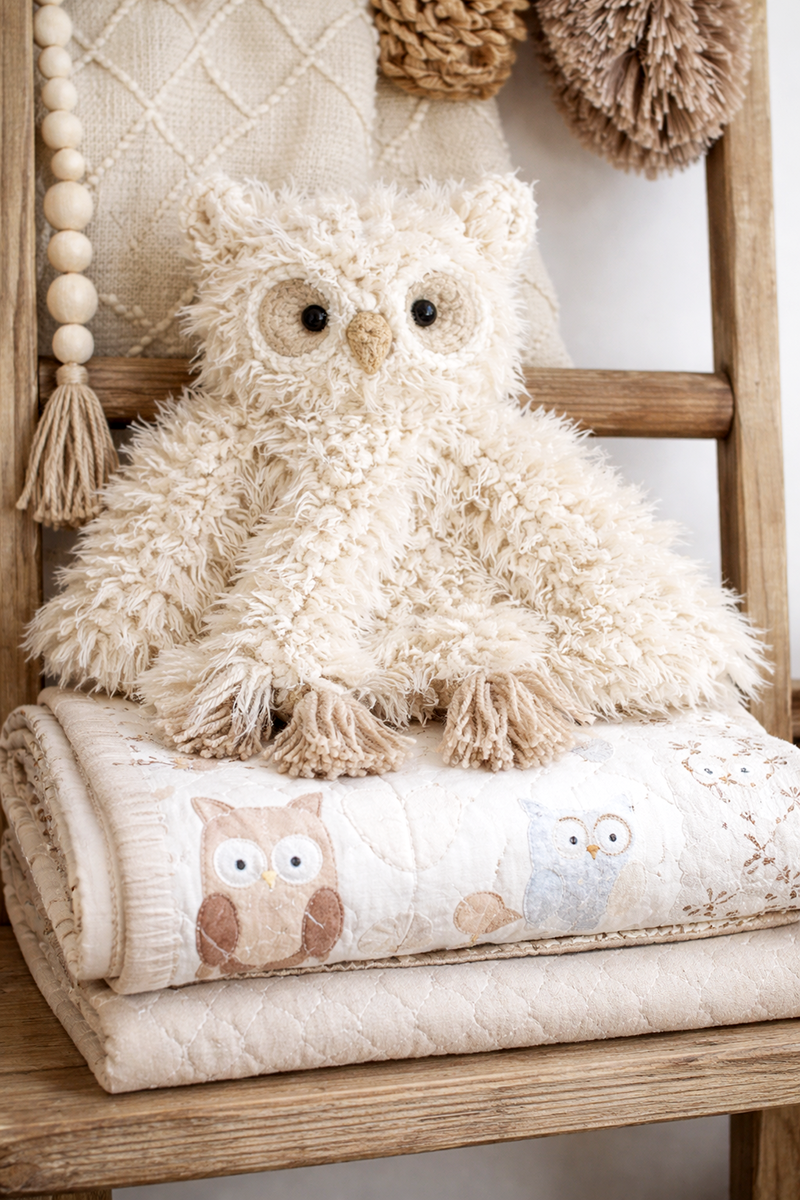 Handmade owl nursery decor including crochet lovey and quilted accents