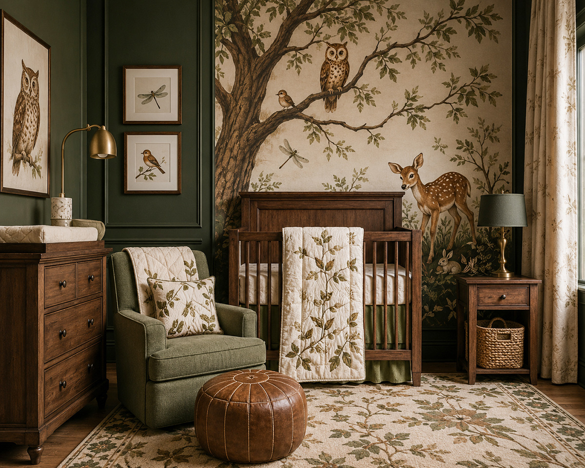 Brown and green owl nursery with dark wood furniture, forest animals, woodland wall mural and earth-tone decor