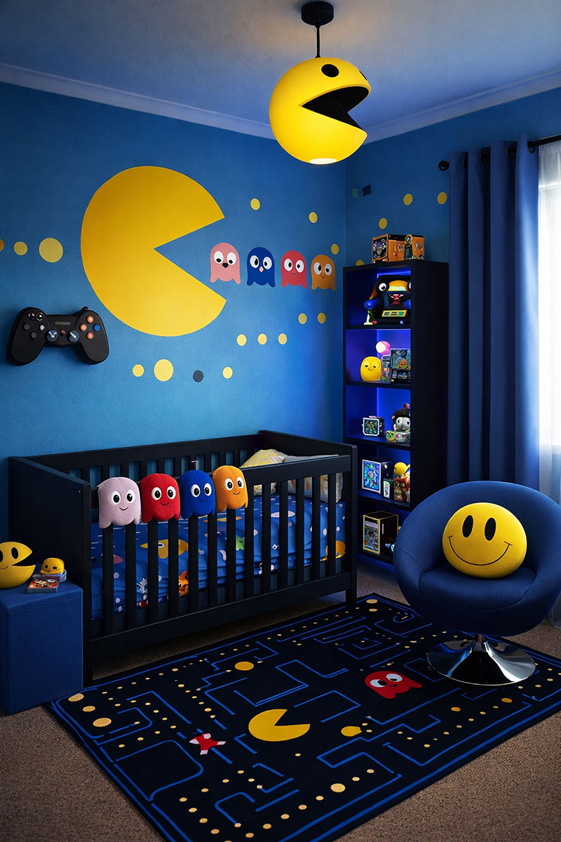 Pac-Man gamer nursery theme with blue walls and arcade-inspired decor