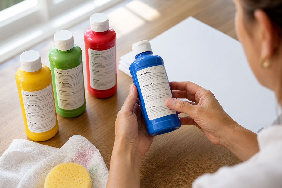 Adult comparing generic paint-label sections for intended use, age guidance, directions and warnings before beginning a baby keepsake craft
