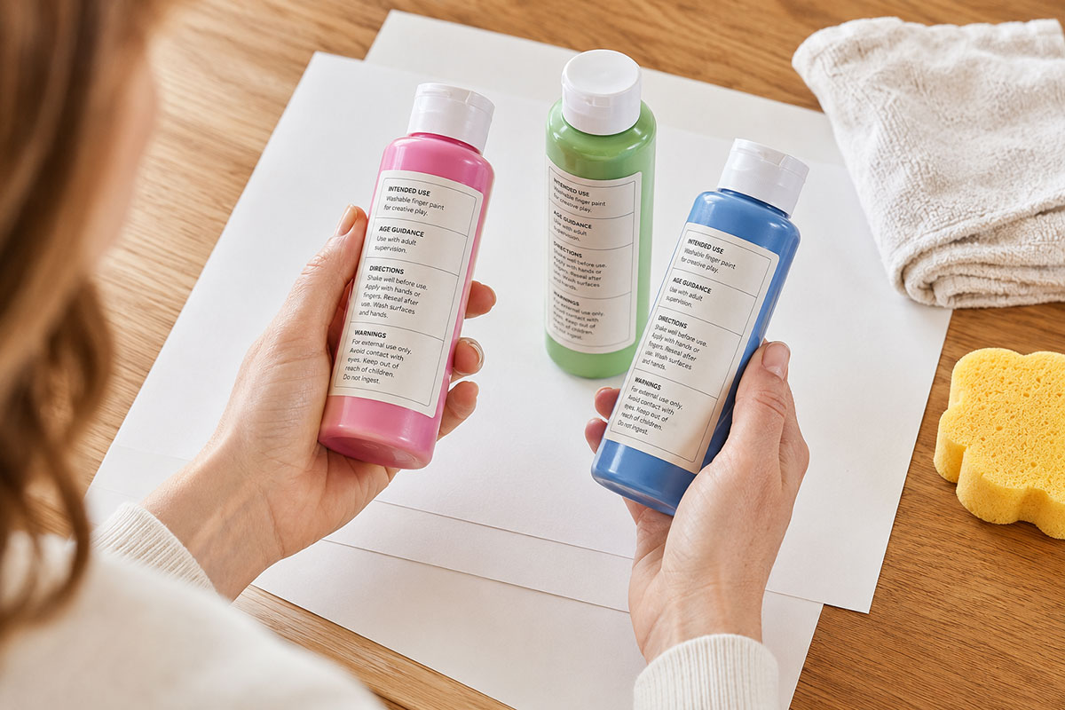 Adult reading an acrylic-paint bottle and placing it away from paper, sponge, towel and washable finger-paint supplies