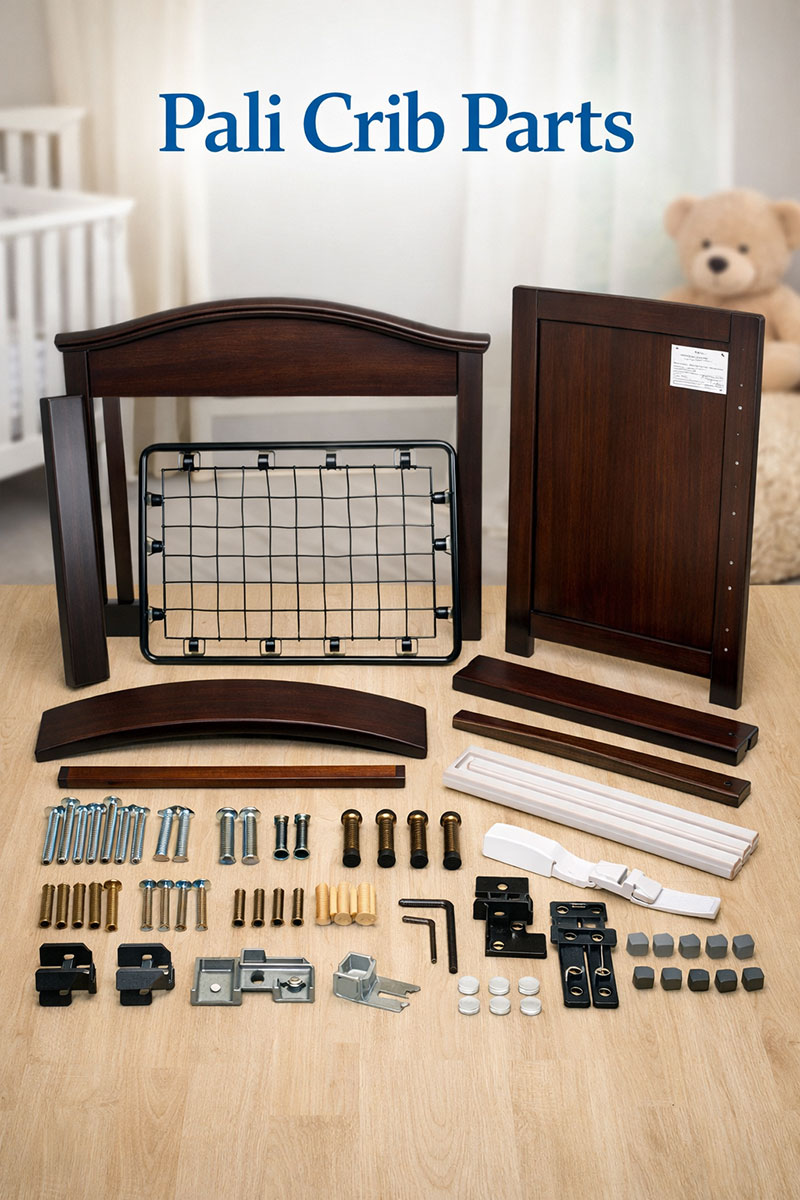 Pali crib parts and hardware layout shown for model identification and reference purposes