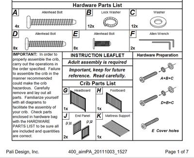 Pali Novarra Crib hardware parts diagram owners assembly manual