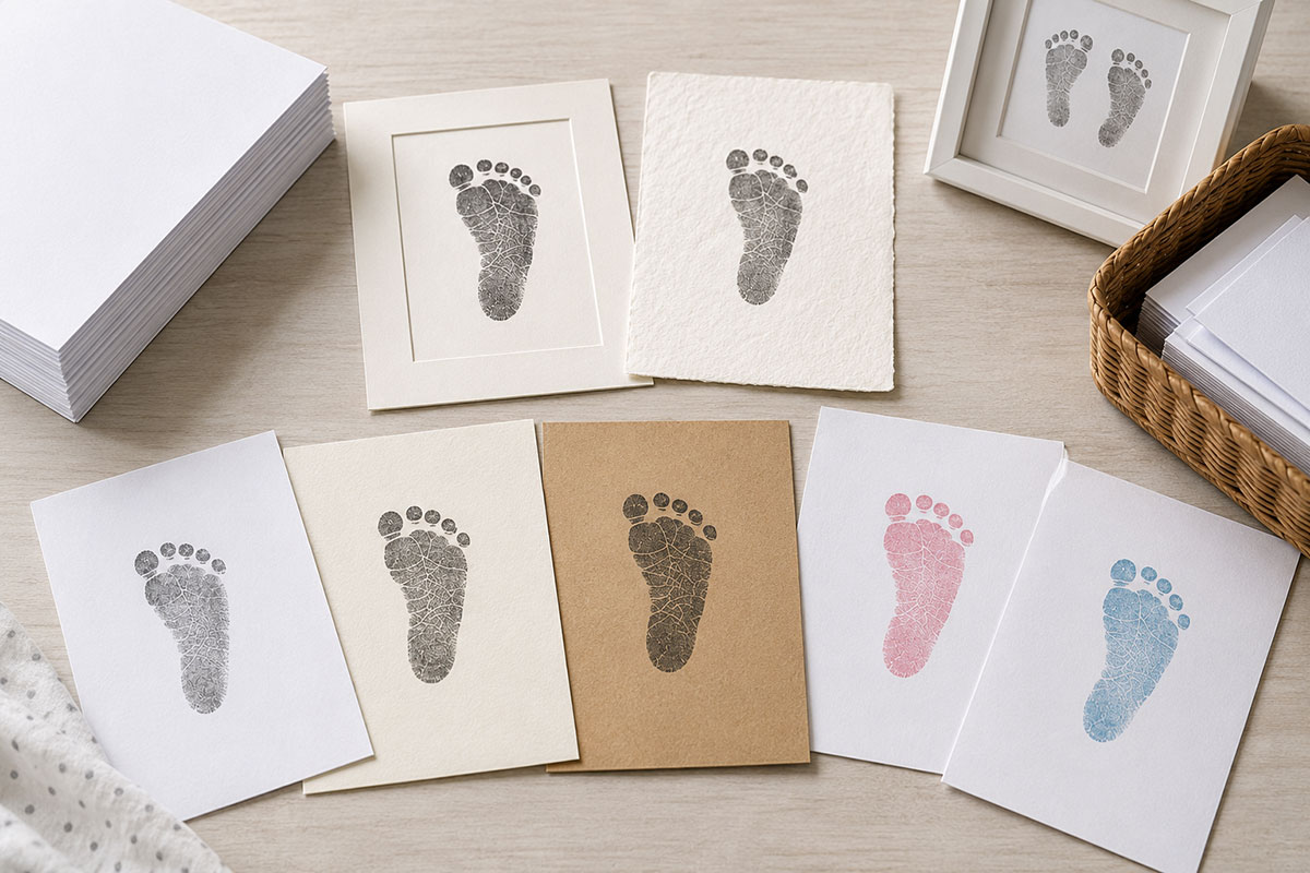 Smooth cardstock, textured watercolor paper and thin printer paper arranged beside sample baby footprint impressions showing differences in print detail