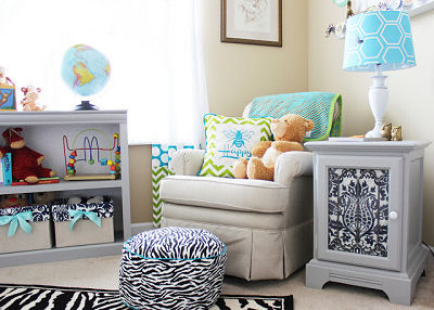 Baby boy bee theme nursery decorated with black and white damask print and zebra print with custom crib bedding set