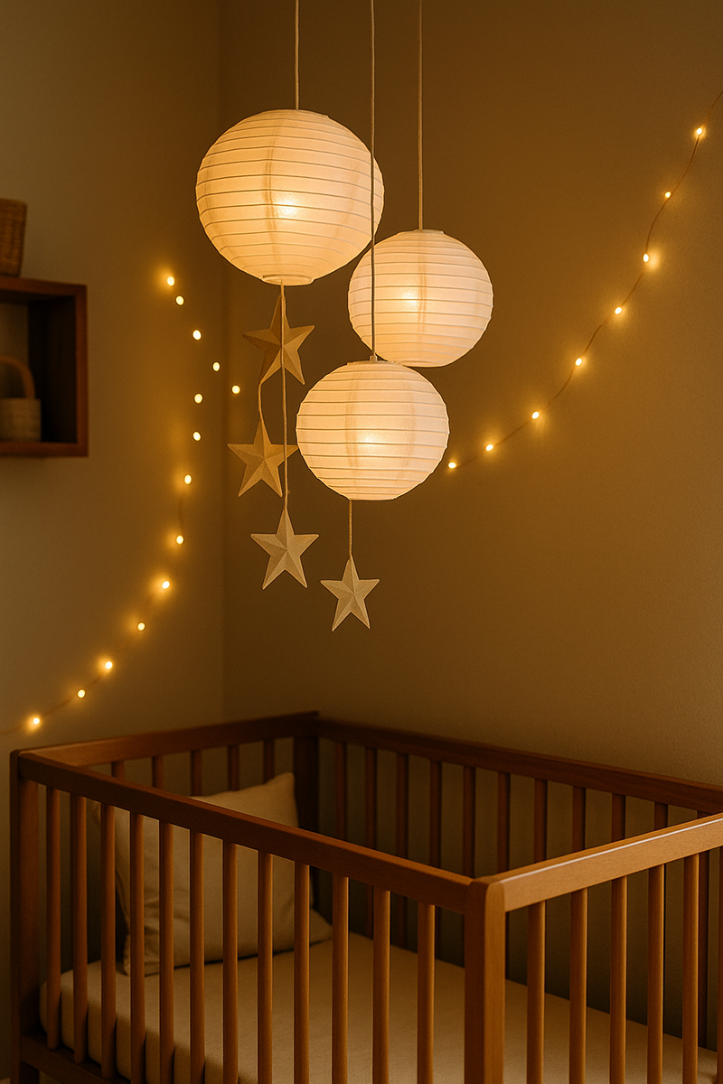 Paper nursery lantern and star mobile glowing softly above a baby crib in a cozy small nursery