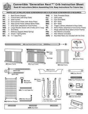 Baby's Dream Generation Next Crib parts diagram and assembly instructions manual sheet