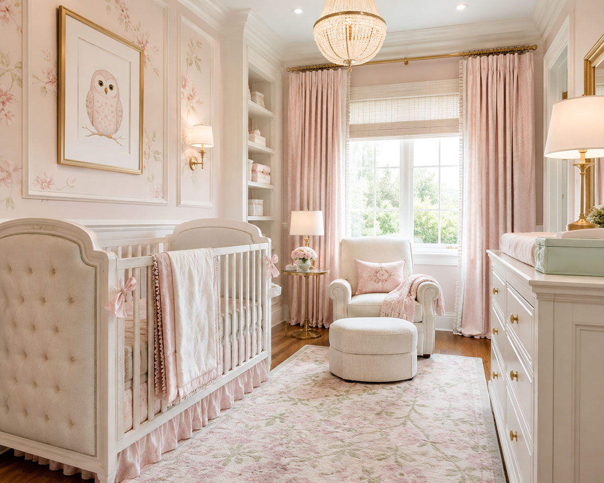 Elegant pastel baby girl owl nursery with blush pink textiles, white furniture and a softly framed owl print