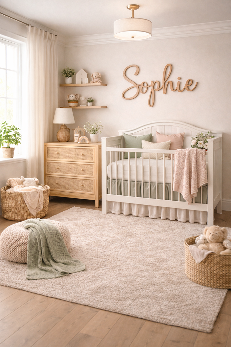 Soft pastel baby room color scheme with blush, sage green, and cream accents