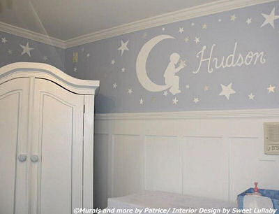 Custom Goodnight Moon nursery wall mural in a baby boy nursery room