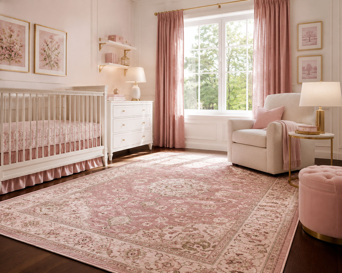 Dusty rose and ivory medallion rug anchoring an elegant nursery with white furniture and dark wood flooring