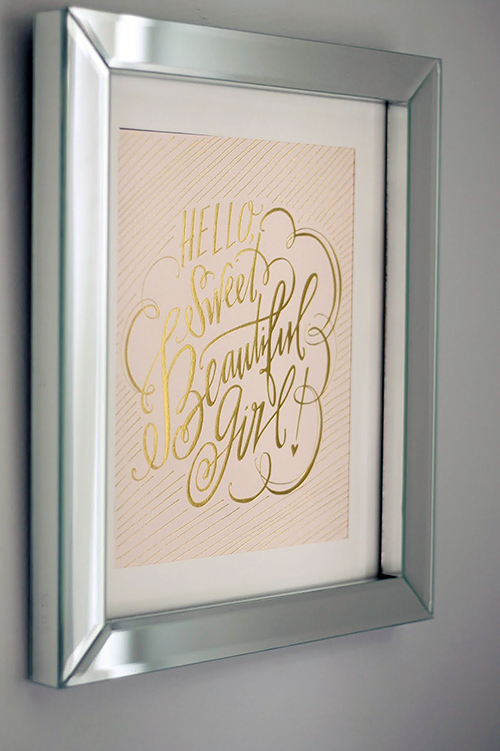 Hello Sweet Beautiful Girl quote print in metallic gold and blush pink nursery wall decor for a baby girl room