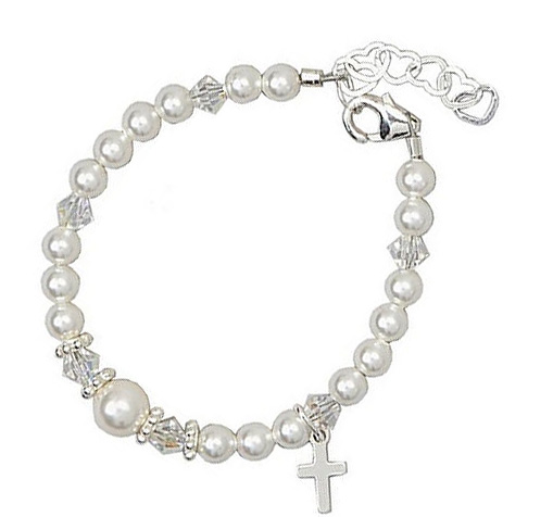 New baby pearl baby bracelet gift sterling silver cross charm Swarovski crystals keepsake