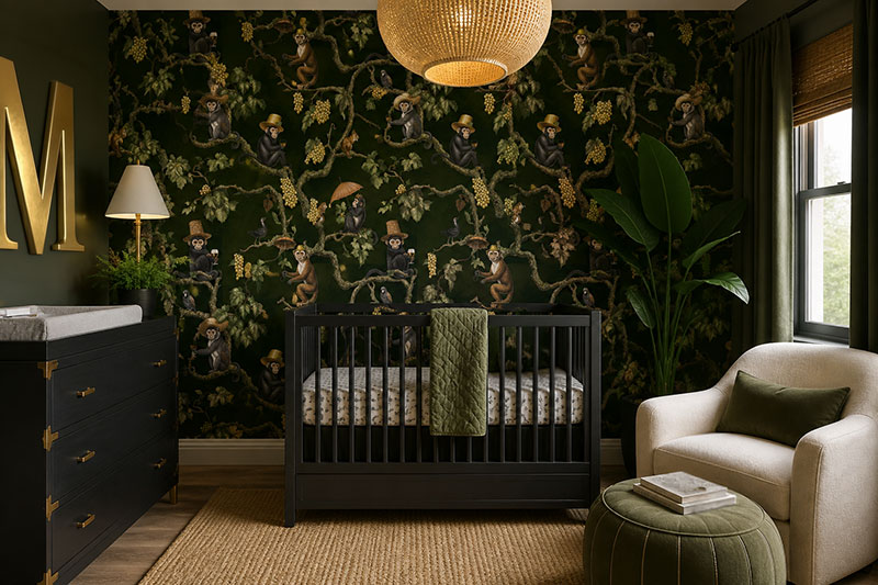 Peel and stick monkey wallpaper in an elegant nursery with white crib and refined details