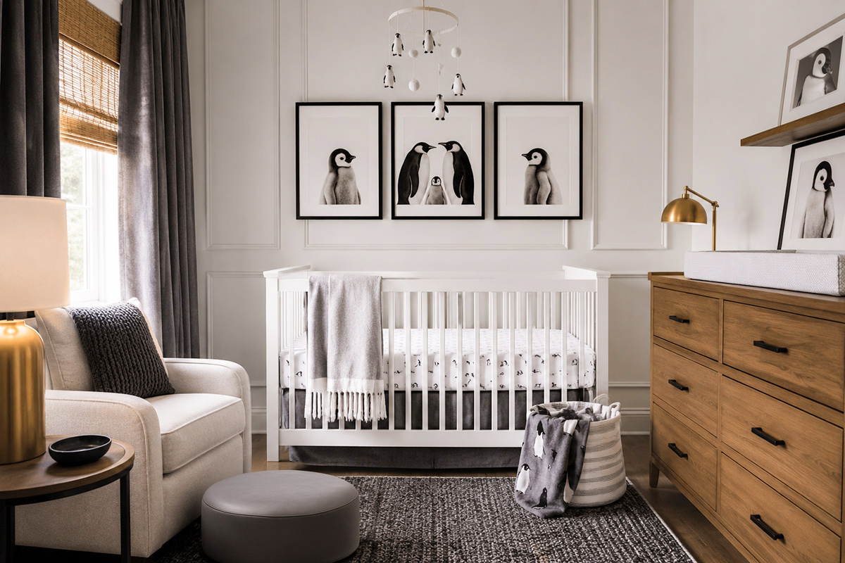 Cozy penguin nursery with a white crib warm wood furniture black and white penguin wall art and soft gray accents