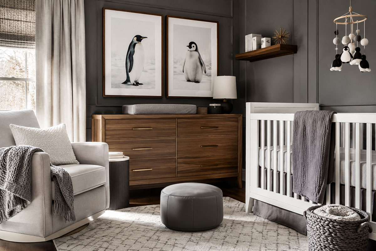 Penguin nursery with warm wood dresser charcoal gray wall two framed penguin prints white crib and soft gray textiles