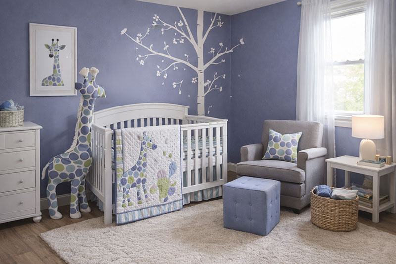 Giraffe baby nursery with homemade wooden stand-up growth chart and custom crib bedding set