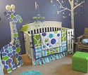 Baby boy giraffe theme nursery room ideas and custom giraffe print and stripes crib bedding set