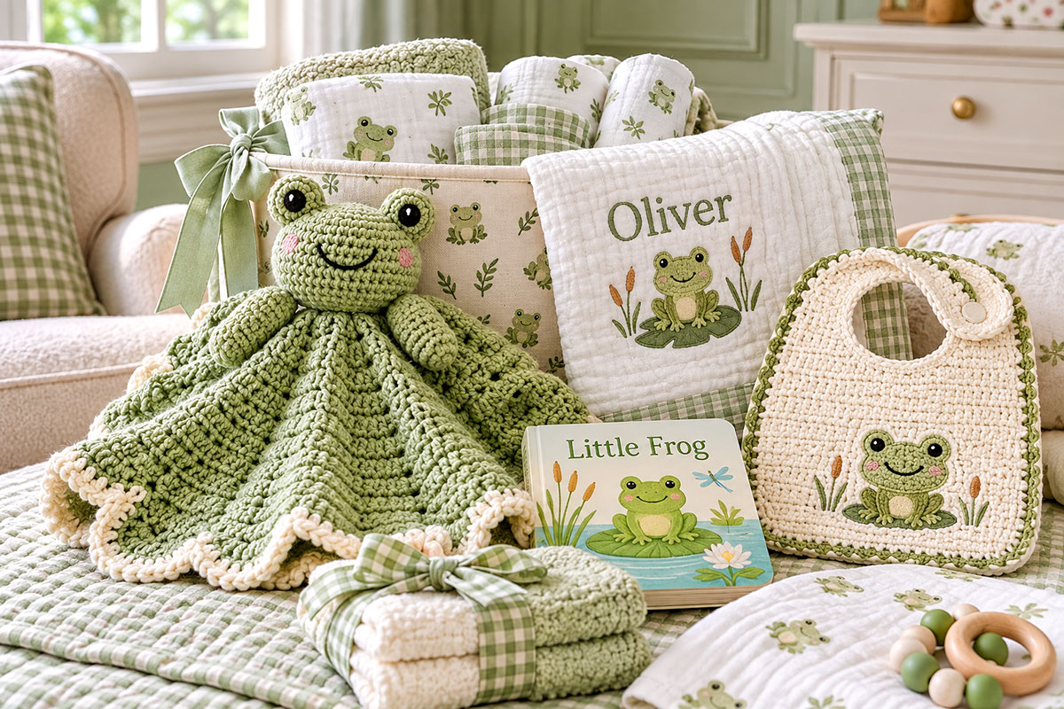 Personalized frog baby gift with an embroidered baby name on a bib beside a simple frog detail and coordinated nursery gift items