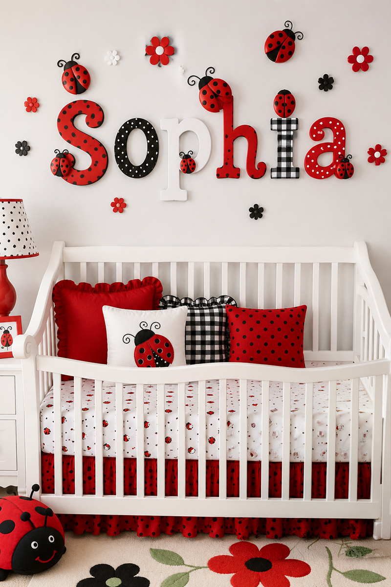 Personalized ladybug nursery wall letters above a white crib with red, black and white nursery decor.