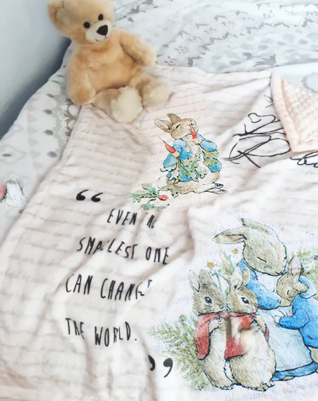Peter Rabbit nursery theme baby crib blanket gift set for a boy minky plush fabric
