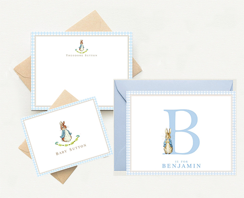 Peter Rabbit theme baby shower invitations thank you notes cards for a baby boy party