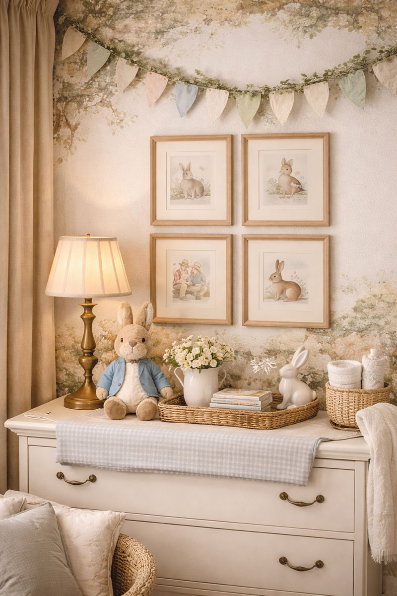 Magazine-quality Peter Rabbit nursery wall styling with soft blue green palette and vintage storybook art