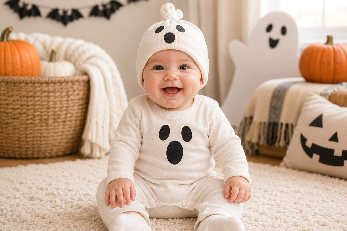 Infant in a simple Halloween costume with clear colors and lightweight details for family photographs