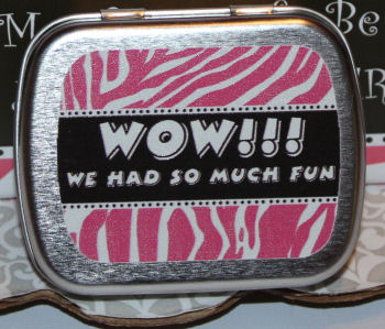  Personalized pink and brown mint tins with a zebra stripe pattern that we included in our baby girl baby shower's goodie bags