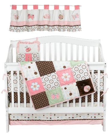 Baby girl pink and brown butterfly and polka dots nursery crib bedding set