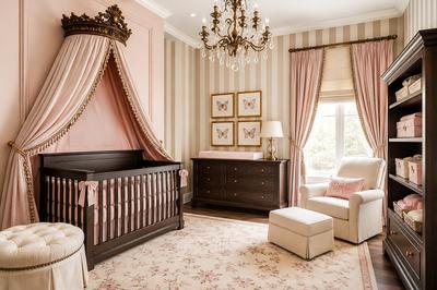 Luxury pink and brown baby girl nursery with a dark wood crib beneath an elaborate blush canopy, narrow vertical striped walls, crystal chandelier, matching dark wood dresser and bookshelf, cream glider, tailored pink draperies, butterfly wall art and layered designer furnishings.