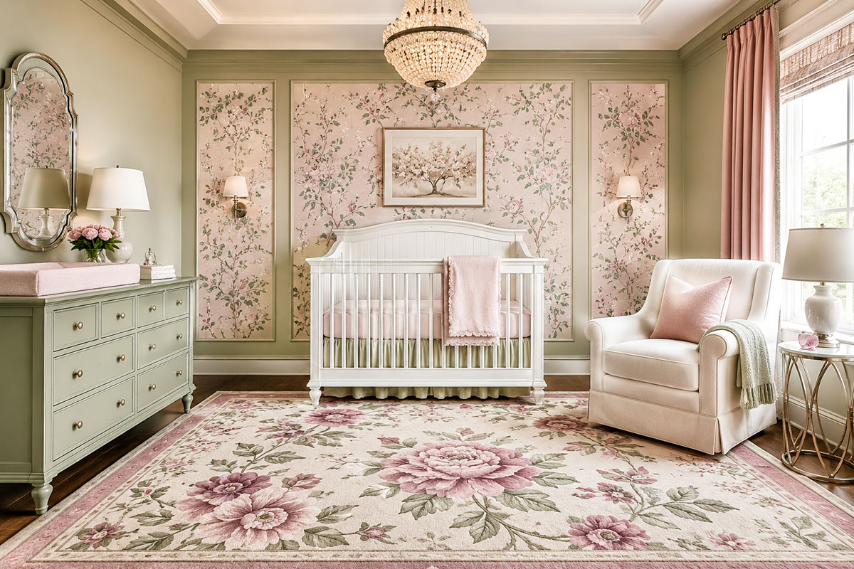 Pink and green floral nursery rug with sage furniture and restrained blush room accents