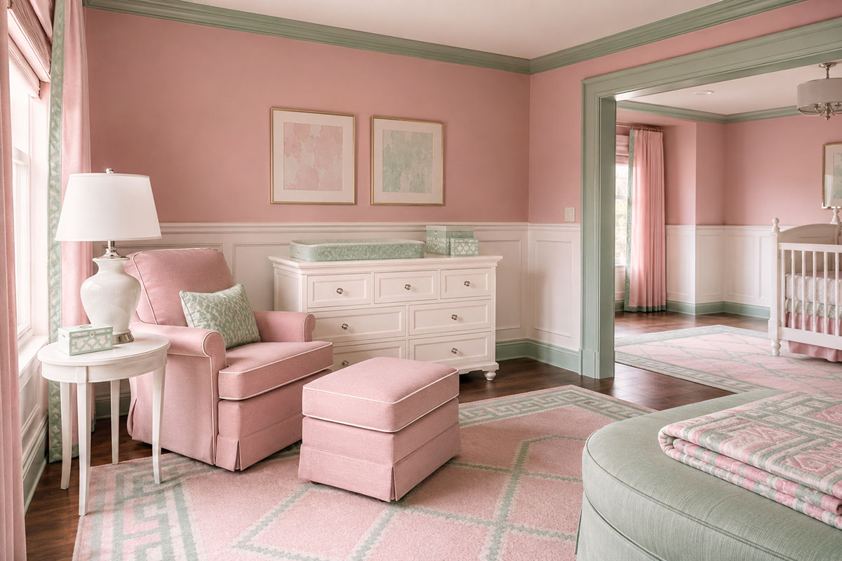Pink and green nursery feeding and changing area with mint trim, pink walls and white beadboard
