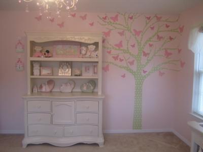 Sage green tree nursery wall decal with pink butterflies