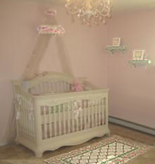 Pink and white princess theme nursery with vintage flowers and roses for a baby girl