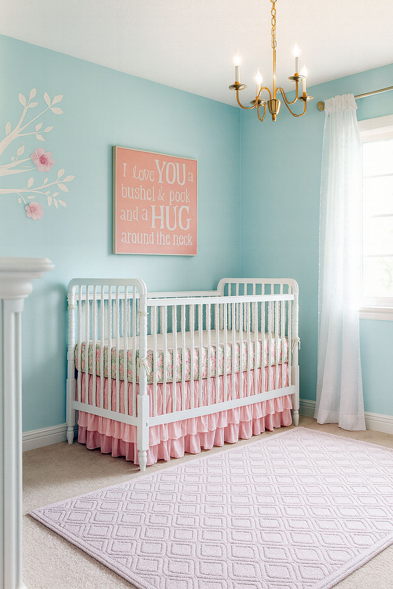 Soft pink and aqua baby girl nursery with a white crib and hug quote wall art