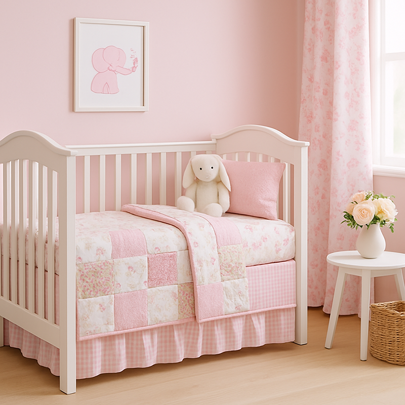Pink and white baby bedding set with patchwork quilt and ruffled crib skirt in a soft pink nursery