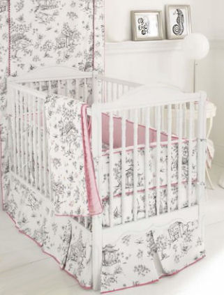 Black and white toile girl baby crib nursery bedding with a watermelon pink border