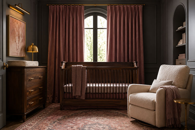 Pink blackout curtains in a baby nursery with soft blush panels and safe crib placement
