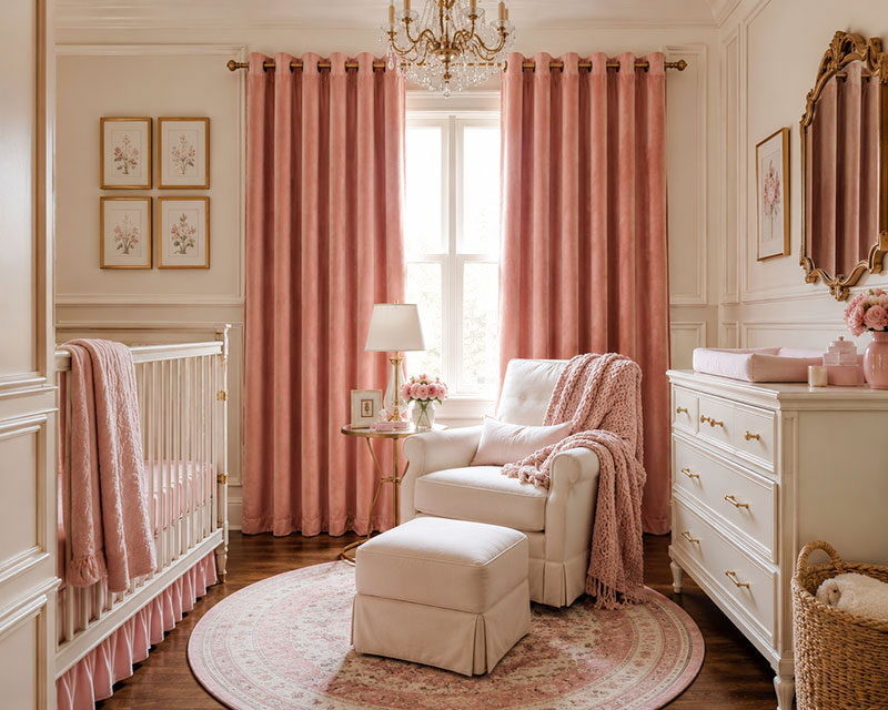 Dusty rose blackout curtains in a luxury nursery with walnut crib and dark paneled accent wall