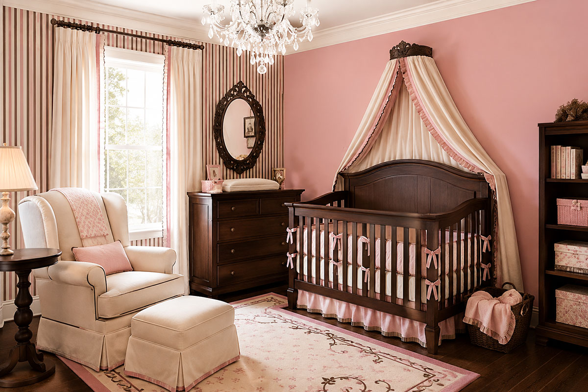Elegant pink and brown baby girl nursery with narrow vertical striped walls, dark wood crib and dresser, cream glider, blush curtains, crystal chandelier and dramatic crib canopy
