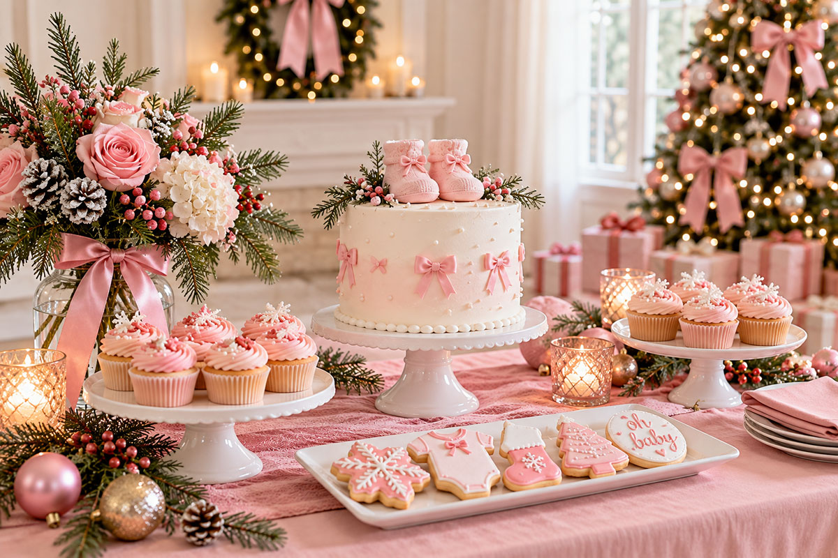 Pink Christmas baby shower dessert table with blush linens, pink satin bows, a white cake topped with tiny pink baby booties, matching cupcakes and decorated Christmas cookies