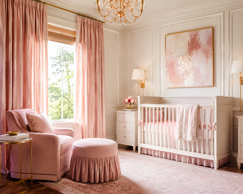 Pink curtains in a nursery bedroom with blush window panels, soft light and baby girl room decor
