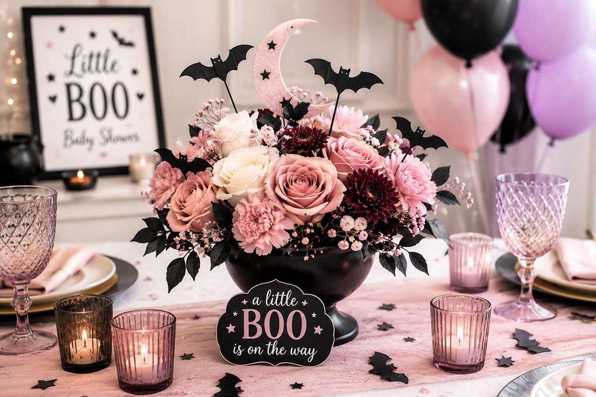 Pink Halloween baby shower centerpiece with dusty rose, ivory and plum flowers, black bat accents and a pink crescent moon