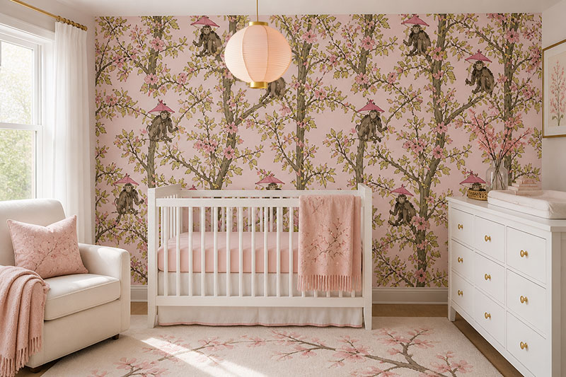 Monkey nursery wallpaper with pink accents and white crib