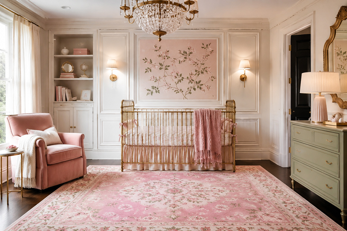 Elegant nursery with a patterned pink rug, blush upholstery, white wall molding and sage green furniture