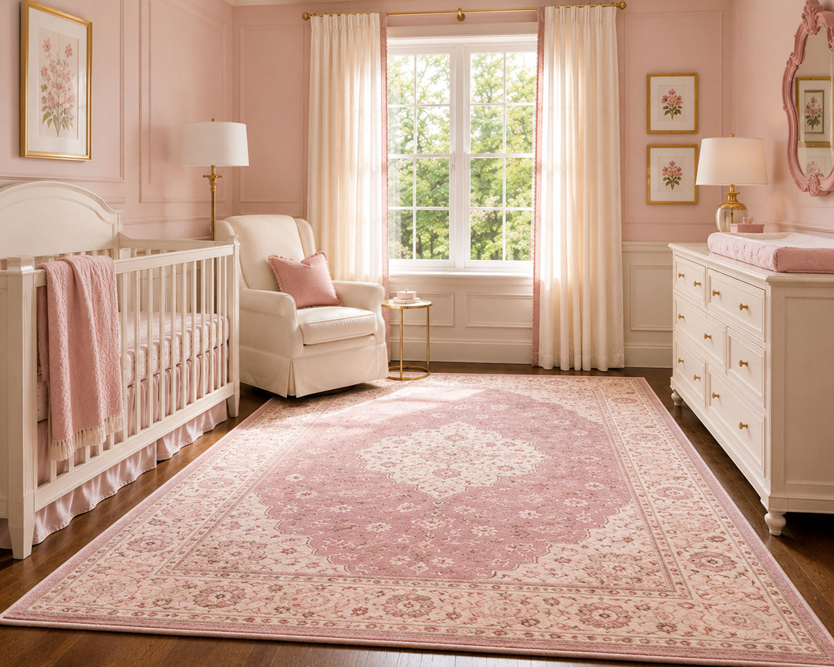Correctly sized pink area rug connecting the crib, dresser and chair in a balanced nursery layout