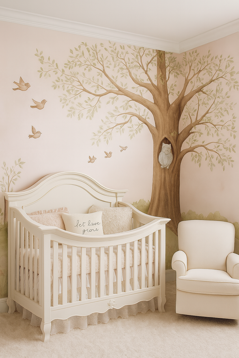Soft pink princess nursery with hand-painted tree mural and elegant crib