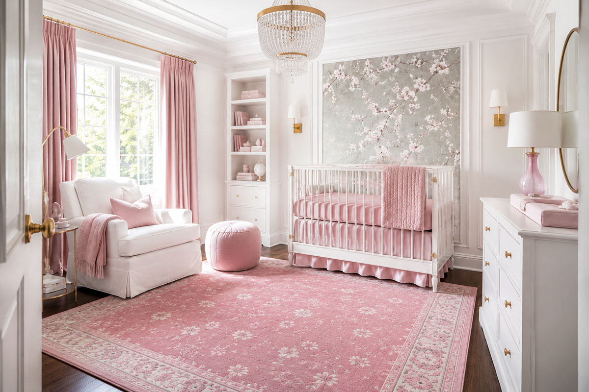 Patterned pink nursery rug balancing blush accents, white furniture and sage green details