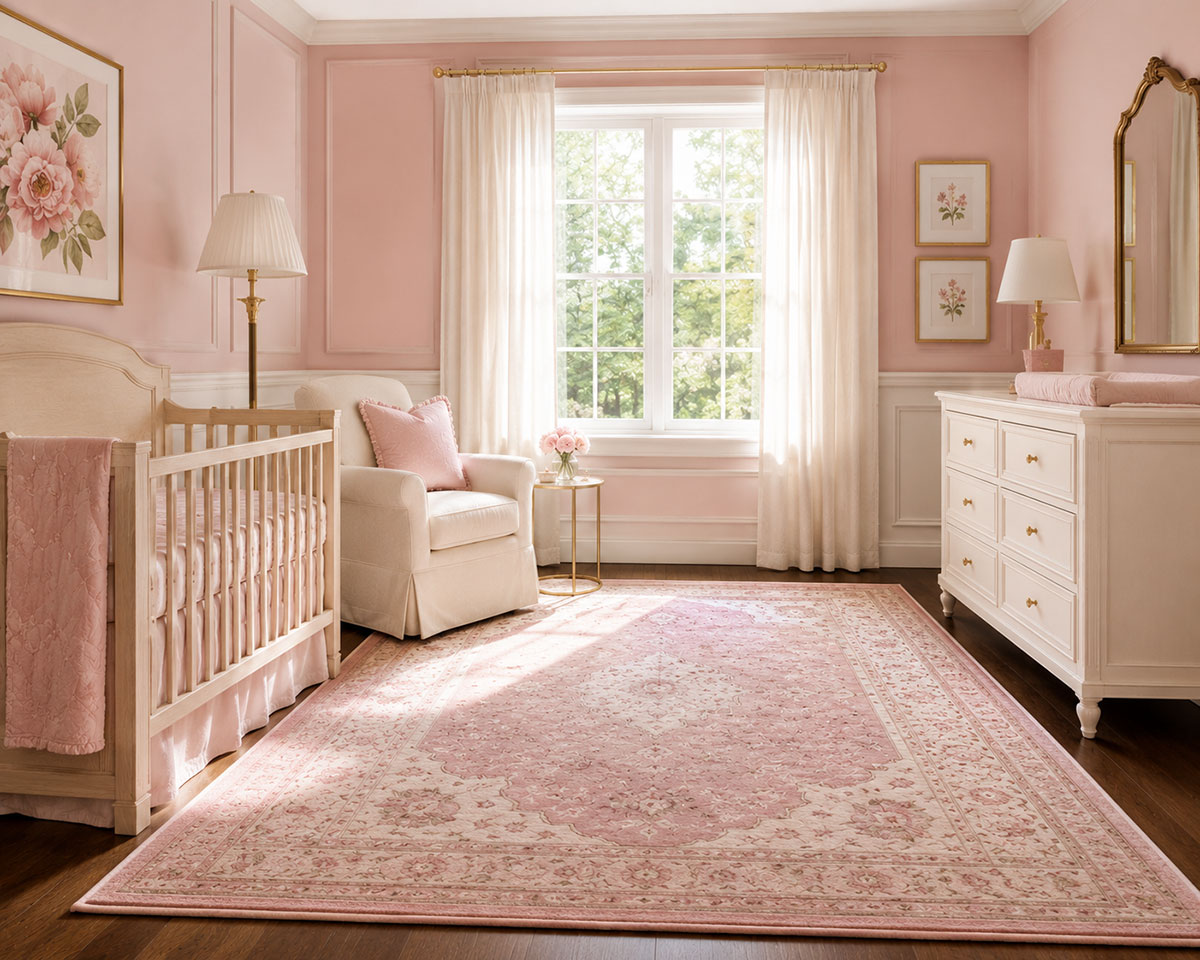 Pink nursery walls balanced by a lighter patterned rug, white furniture and dark wood flooring